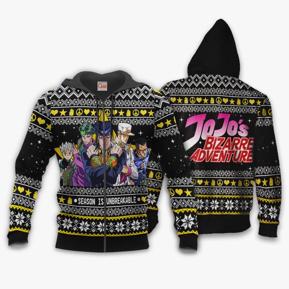 1105 AOP Jojo Ugly Sweater VA 1 Zip hoodie font and back n ✅ JJBA Shop